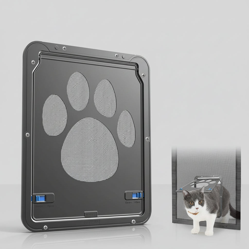 Lockable screen door flap for pets with a 4-way lock to control entry and exit
