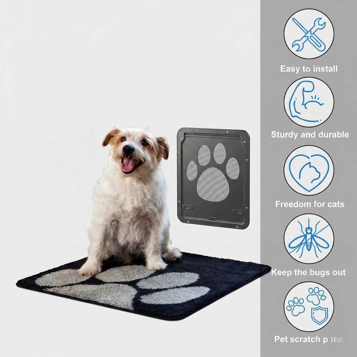 Screen-mounted pet door with a 4-way lock to set in-only or out-only access