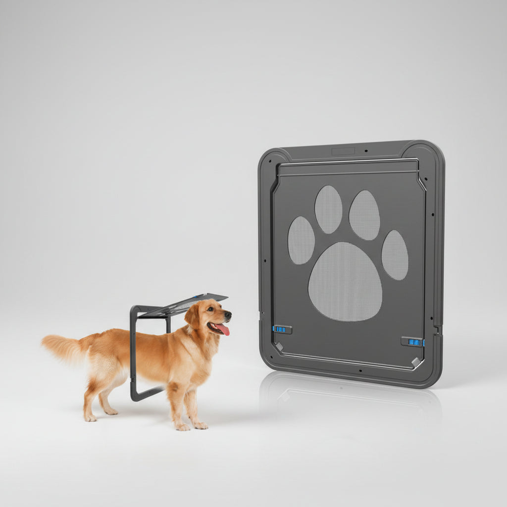 Black 4-way locking pet screen door for cats and small dogs, with an ABS plastic frame