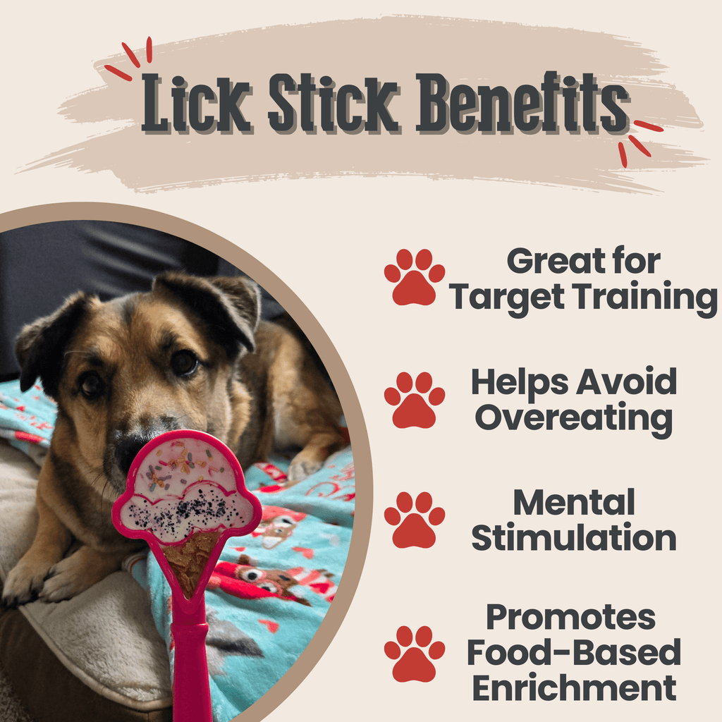 Benefits graphic for the Pink Ice Cream lick stick, a hand-held lick mat for training rewards