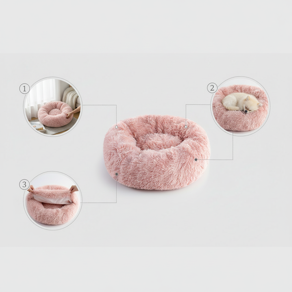 Round plush pet bed with a donut design for cats and dogs of different sizes