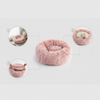 Round plush pet bed with a donut design for cats and dogs of different sizes