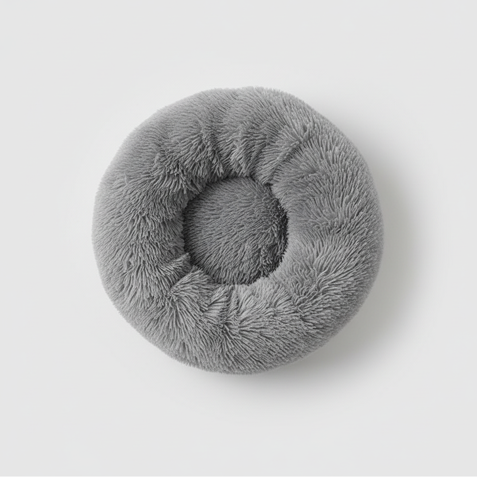 Gray plush donut bed for cats and dogs, round shape in 40, 50, 60 or 70 cm sizes