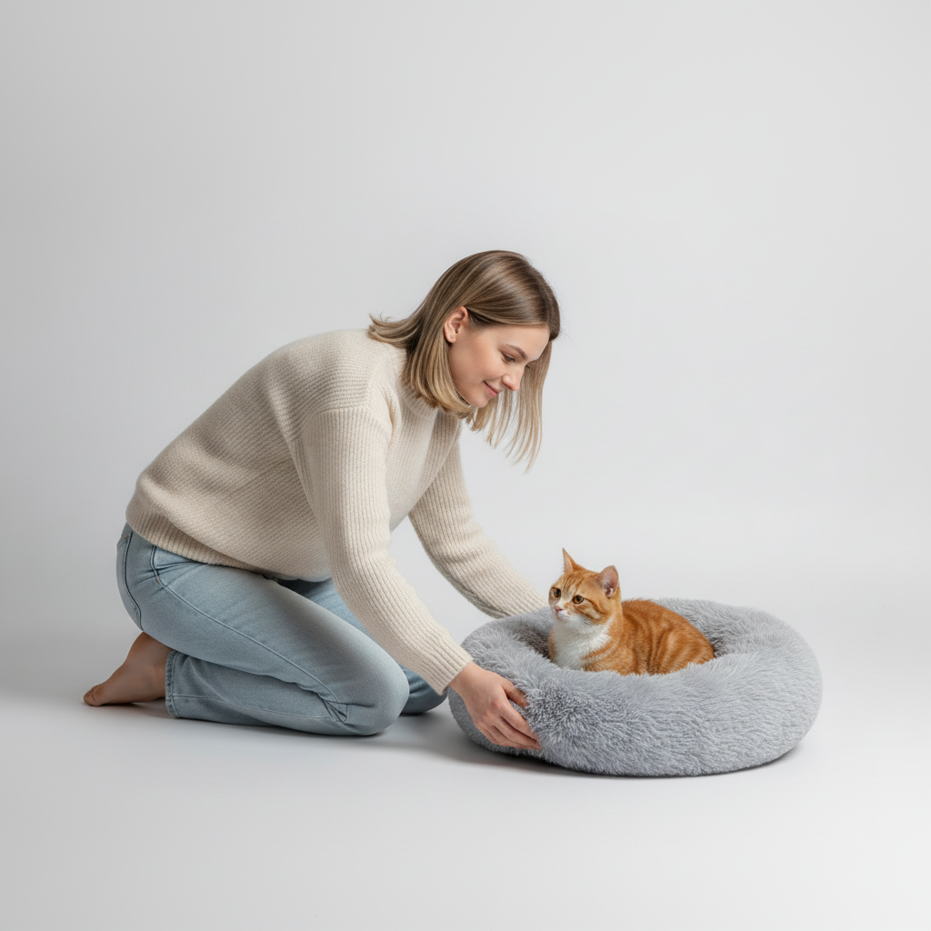 Cozy plush donut bed for pets that like to curl up and rest their head on an edge