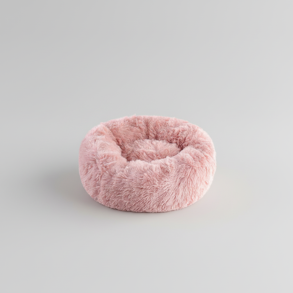 Pink plush donut pet bed with raised cushioned edges for cats and dogs to curl up in