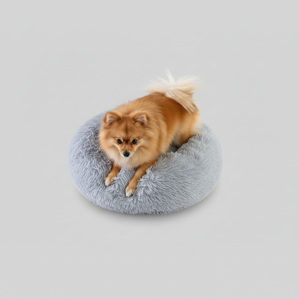 Soft plush round bed for cats and dogs with a raised cushioned rim all the way around
