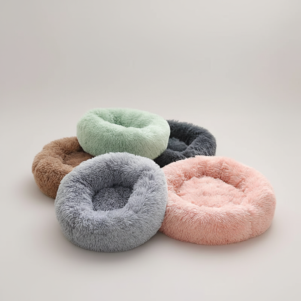 Round donut-shaped pet bed in soft plush fabric for daytime naps and overnight rest