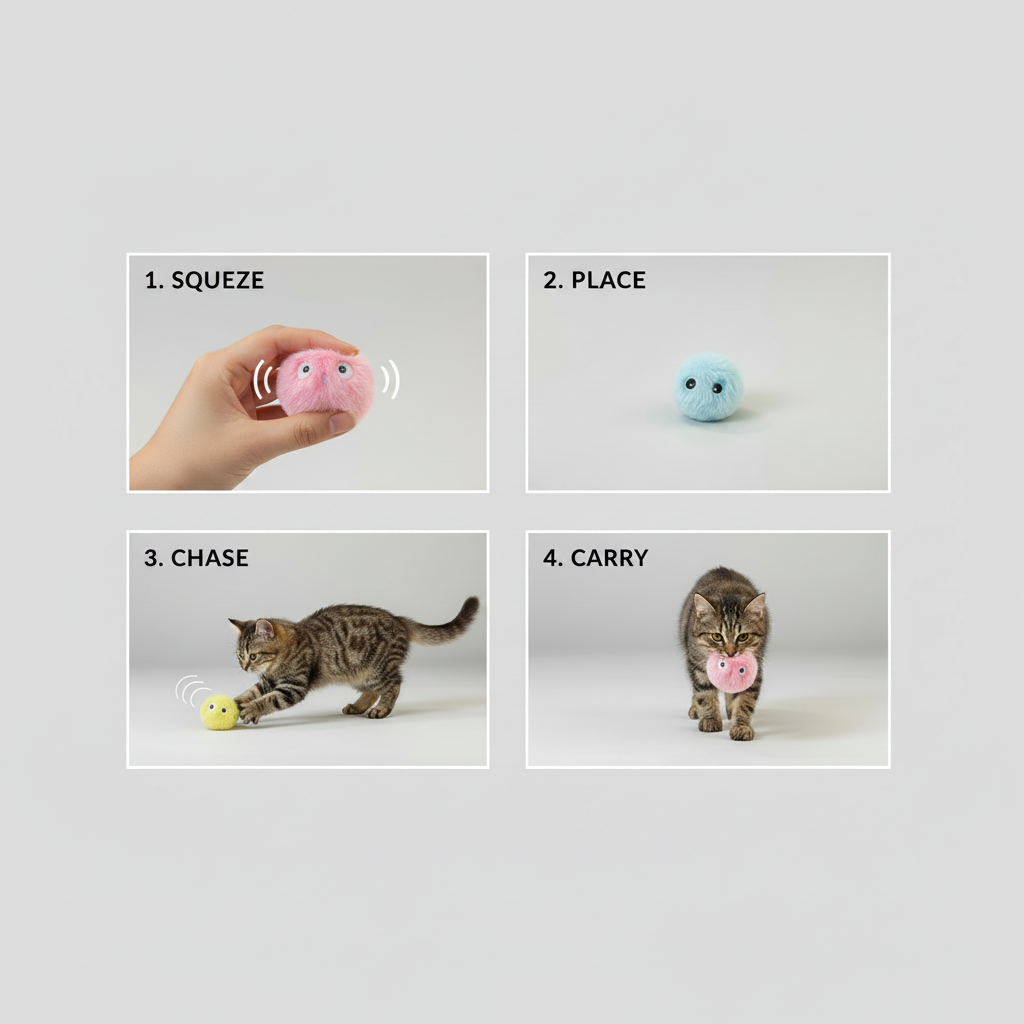 Small 2.2 inch plush ball cat toy that makes a soft squeak on compression