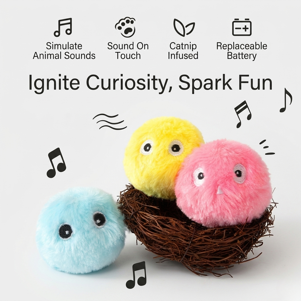 Plush squeaky ball toy for cats of all ages that enjoy solo batting games