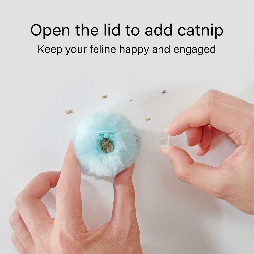 A 5.5 cm plush squeaker ball for cats, made for regular batting and light chewing