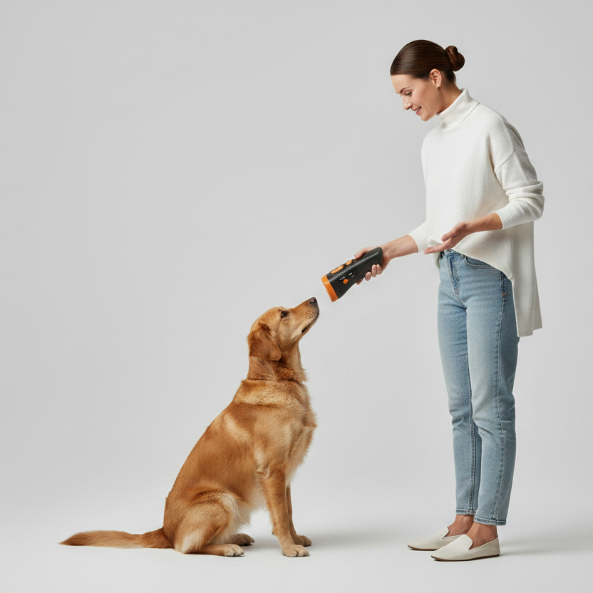 Pocket-size ultrasonic bark deterrent with a lanyard loop for small, medium and large dogs