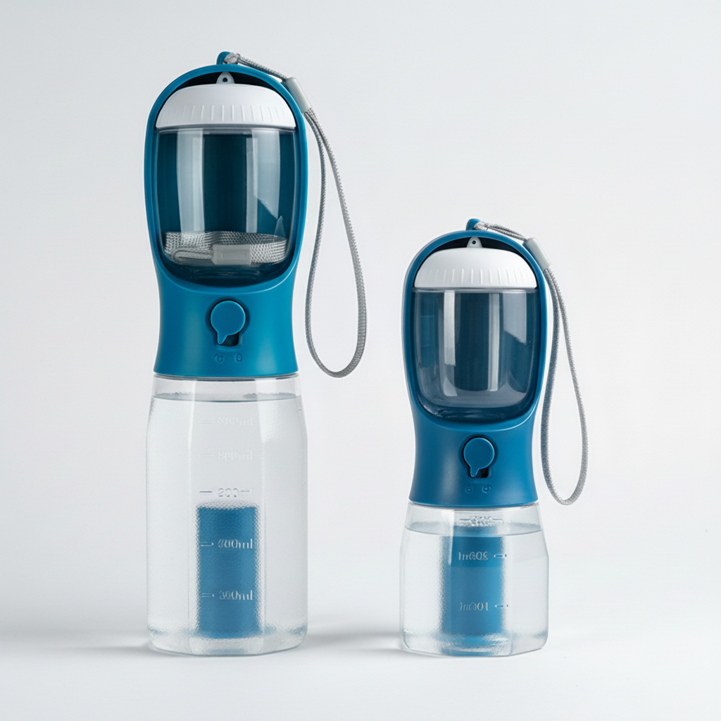 Dark Blue portable dog water bottle for car trips, dog parks and trail days