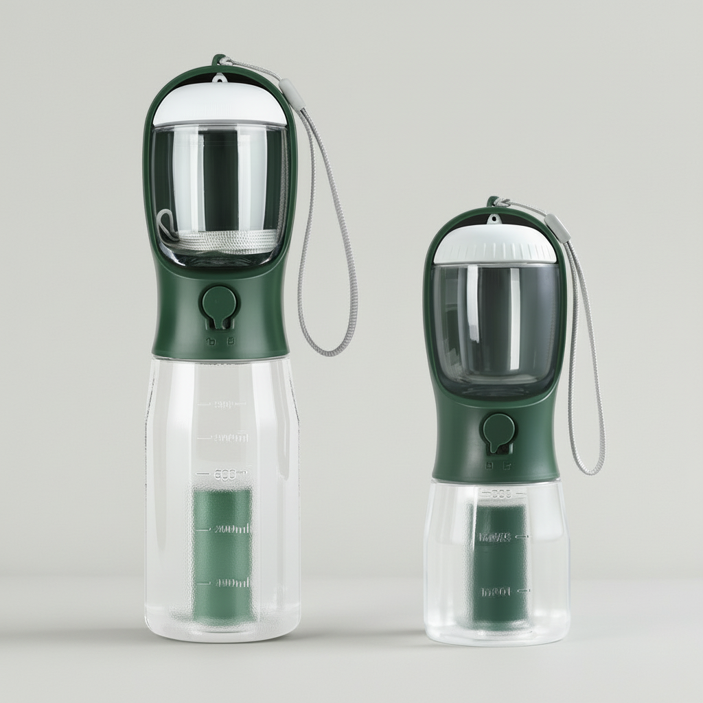 Dark Green portable dog water bottle with a temperature indicator for outdoor use