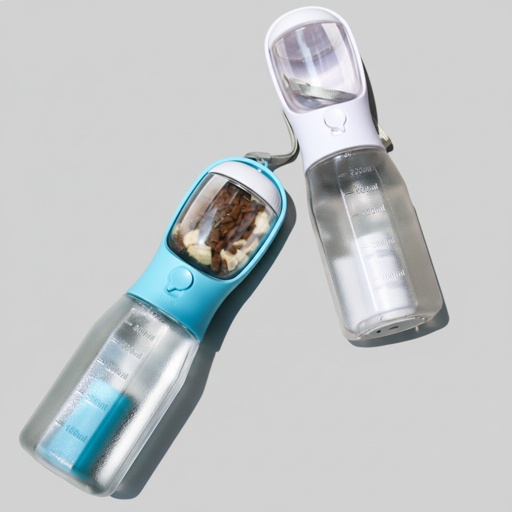 Portable plastic water bottle for dogs, made to carry clean water on outings