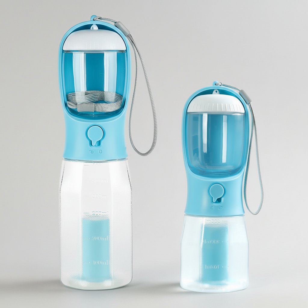 Turquoise portable dog water bottle with a temperature indicator for walks and hikes