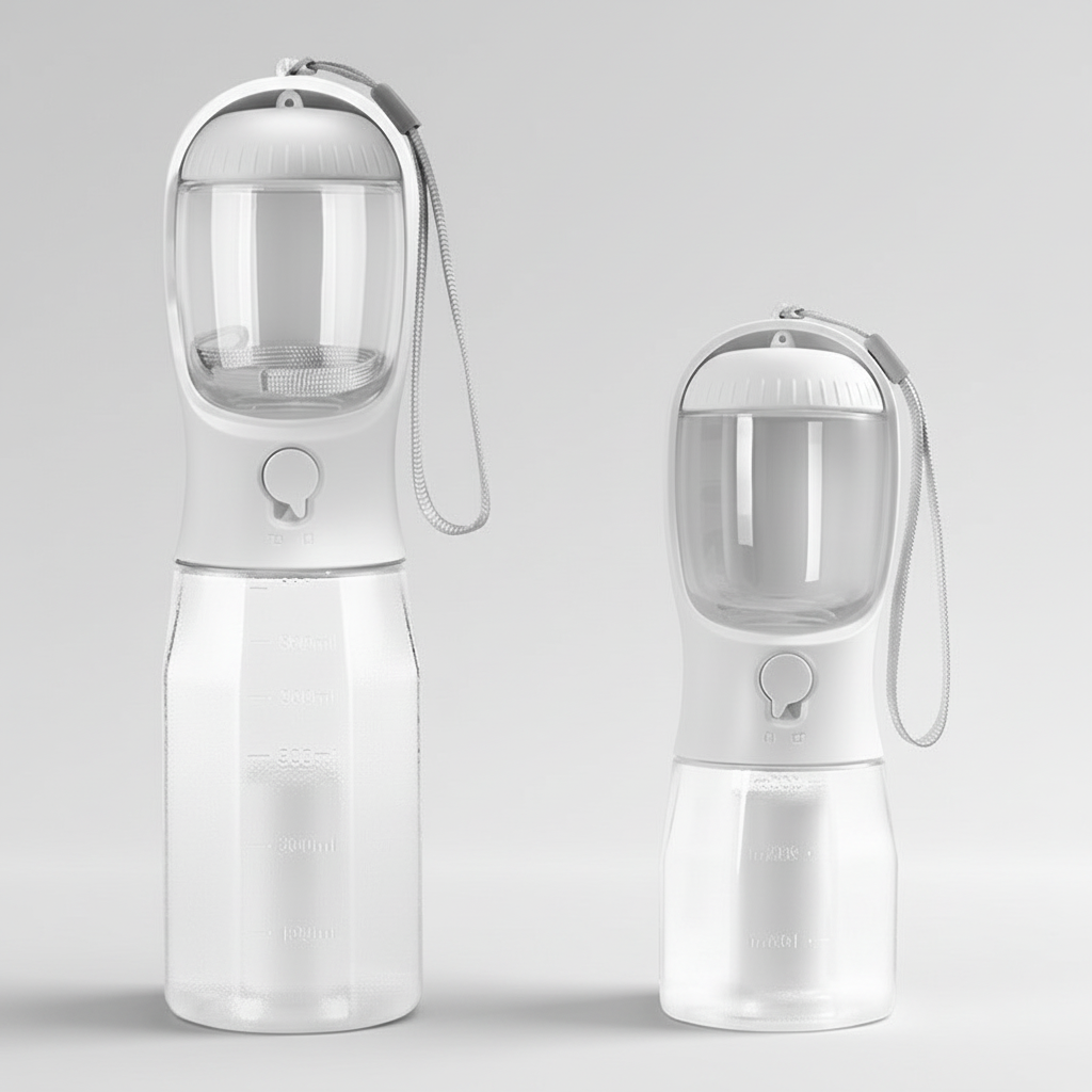 White portable dog water bottle in lightweight plastic with a water temperature display