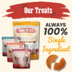 Backs of the treat bags in the chicken Puppy Pack, single-ingredient dog treats from Farm to Pet