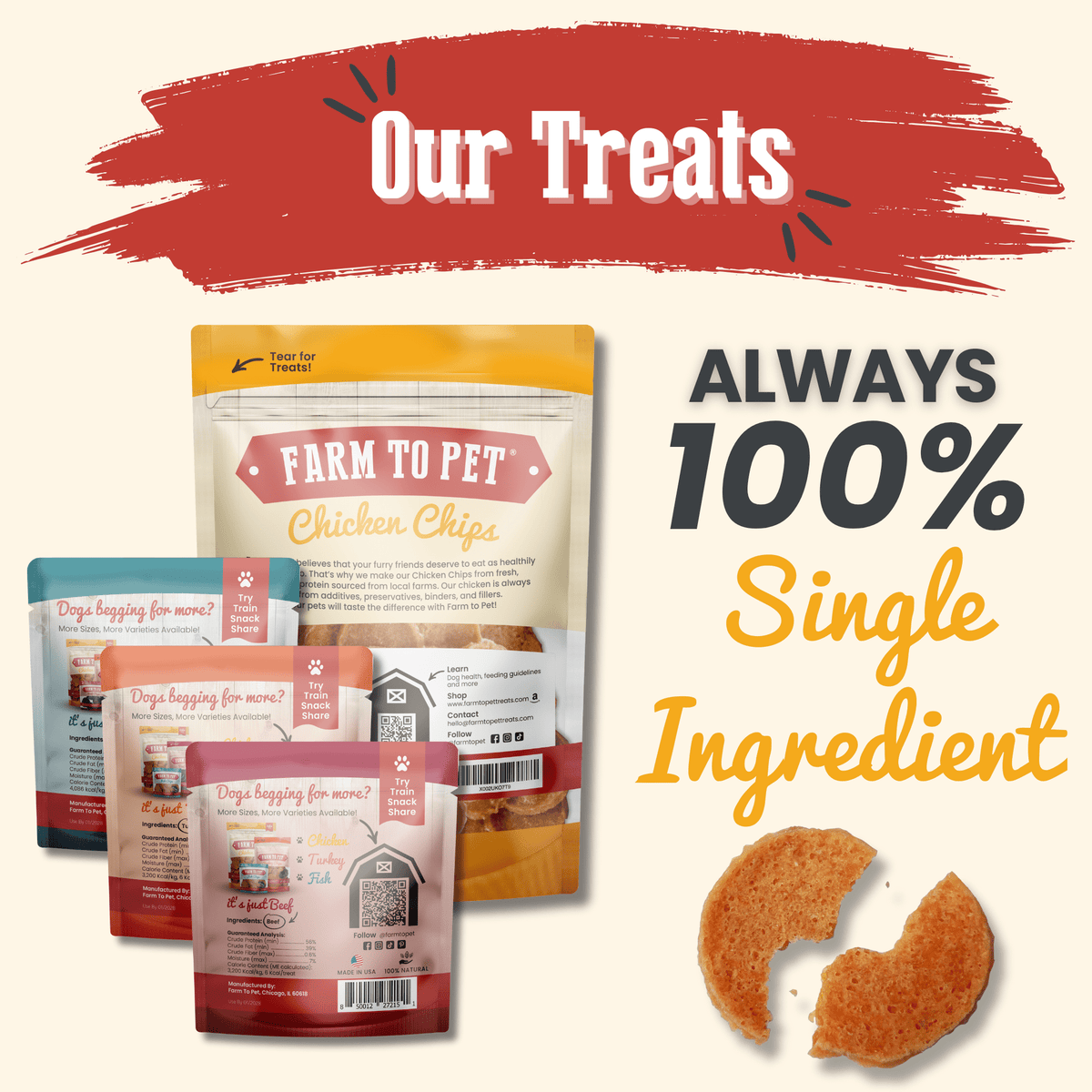 Backs of the treat bags in the chicken Puppy Pack, single-ingredient dog treats from Farm to Pet