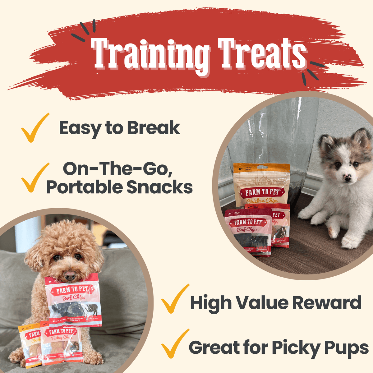 Training treats graphic for the chicken Puppy Pack, chips that snap into small puppy rewards