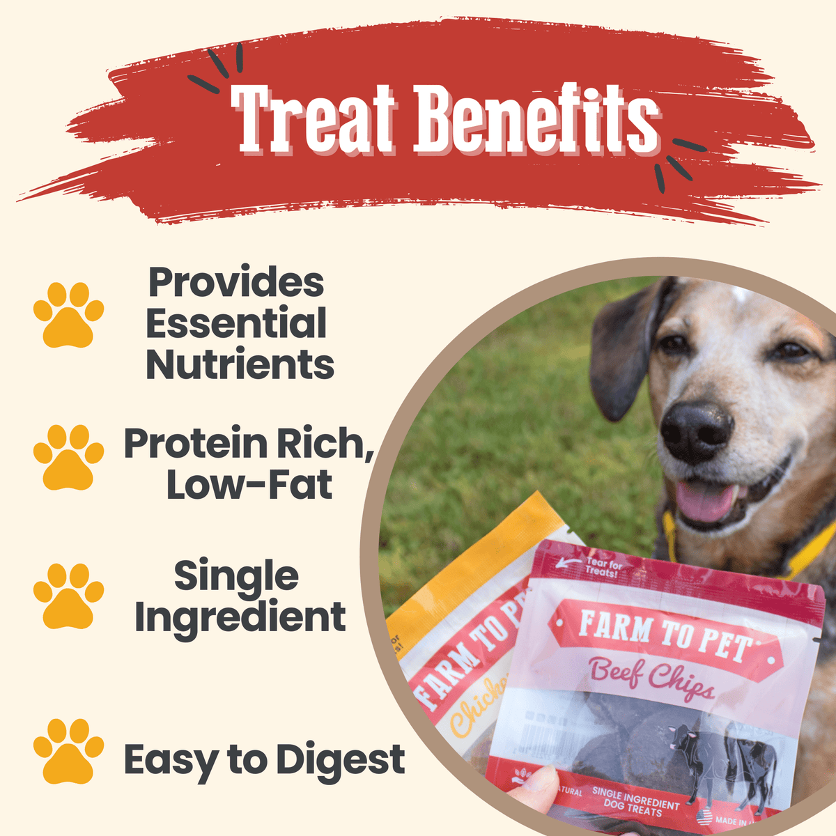 Treat benefits graphic for the chicken Puppy Pack, chicken breast chips at 7 calories each