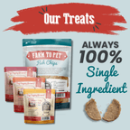 Backs of the treat bags in the fish Puppy Pack, with walleye Fish Chips as the main bag