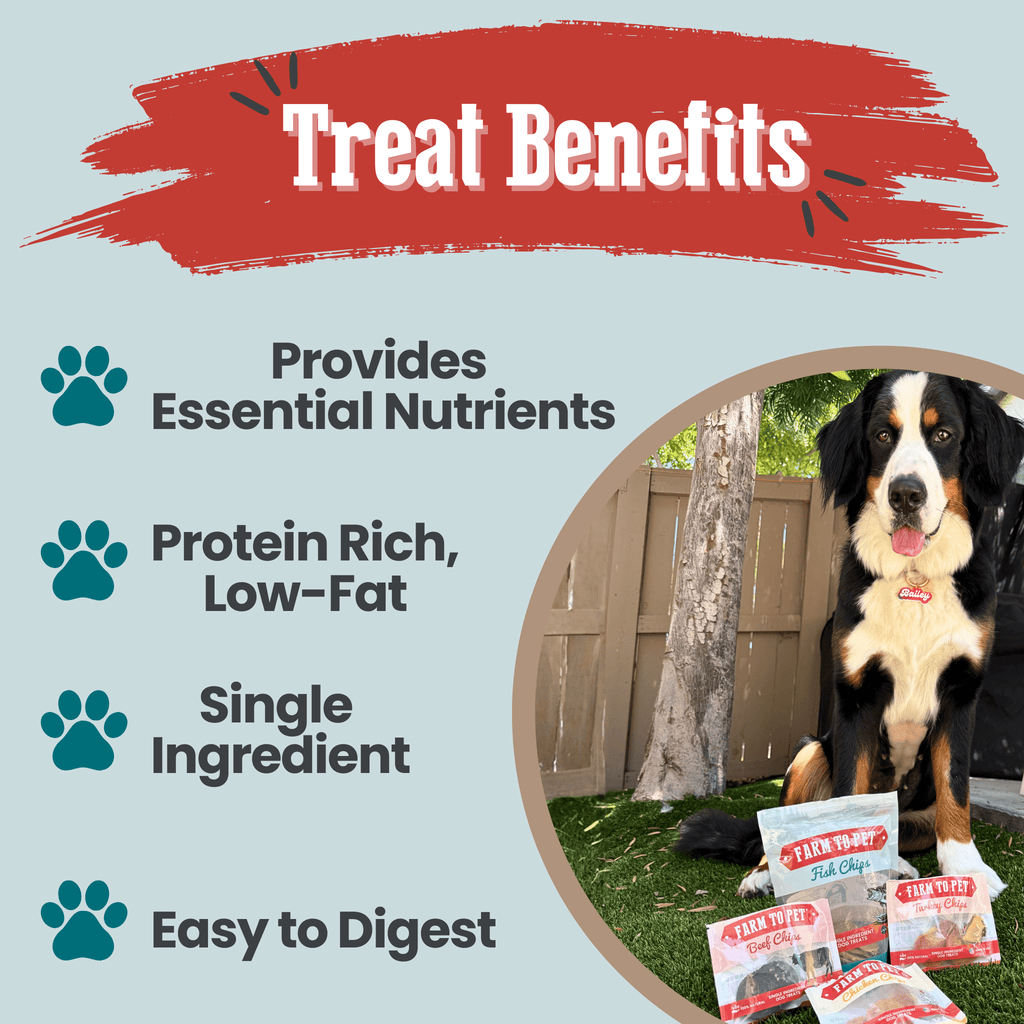 Treat benefits graphic for the fish Puppy Pack, walleye chips with 74% minimum crude protein