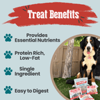 Treat benefits graphic for the fish Puppy Pack, walleye chips with 74% minimum crude protein