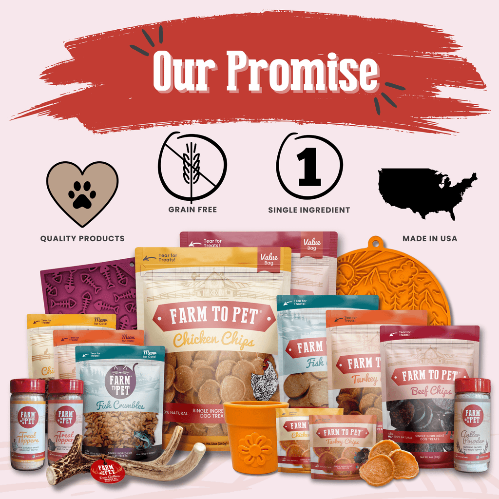 Our Promise graphic from Farm to Pet's Beef Chips snack pack pages, for the starter bundle