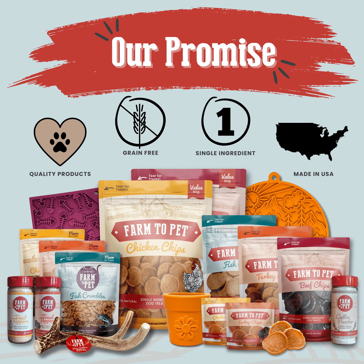 Our Promise graphic from Farm to Pet's Fish Chips snack pack pages, shown for the Puppy Pack