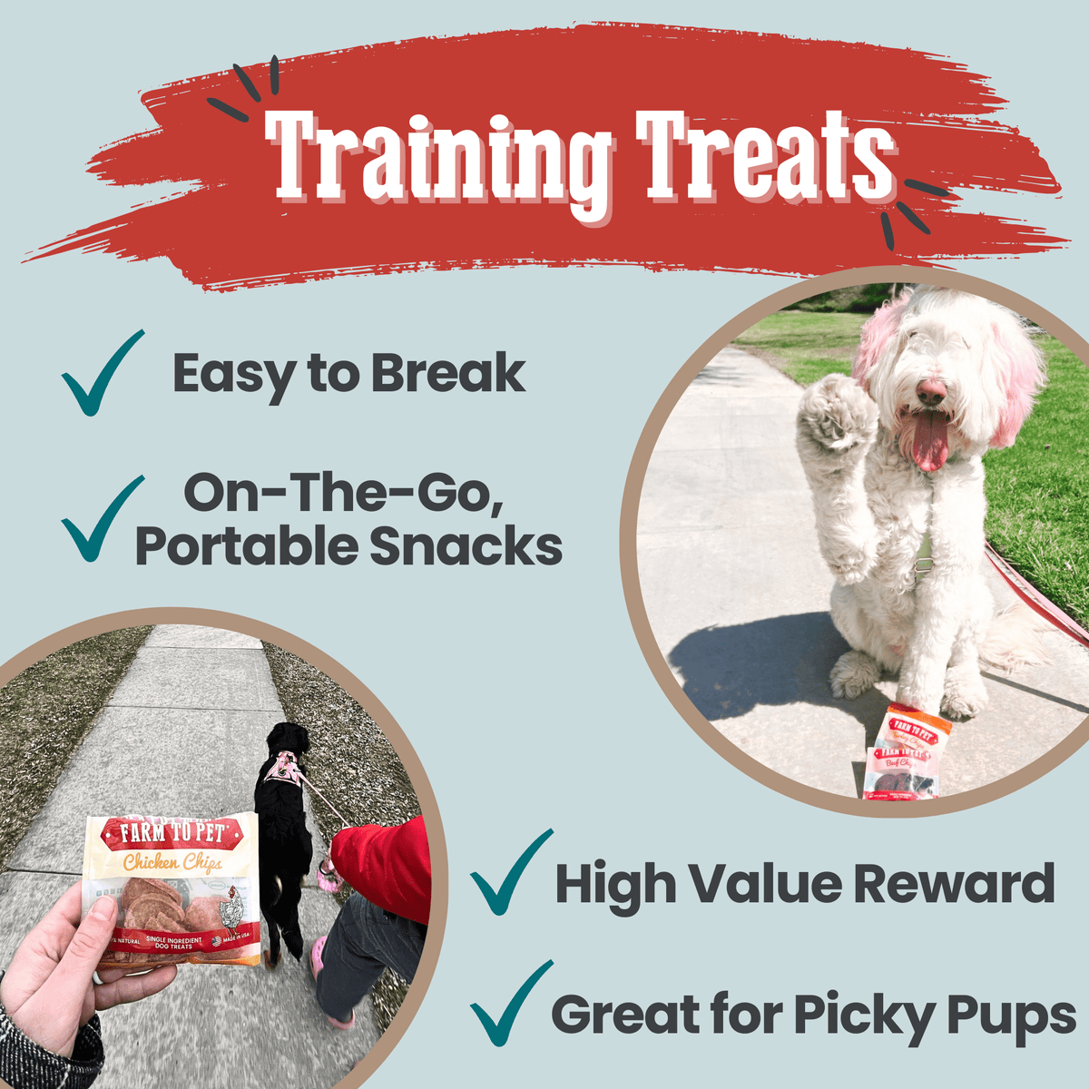 Training treats graphic for the Farm to Pet Puppy Pack, a four-flavor starter bundle for puppies