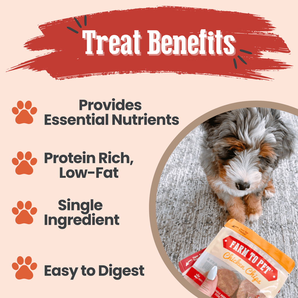 Treat benefits graphic for the turkey Puppy Pack, turkey breast chips with 85% minimum protein
