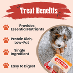 Treat benefits graphic for the turkey Puppy Pack, turkey breast chips with 85% minimum protein