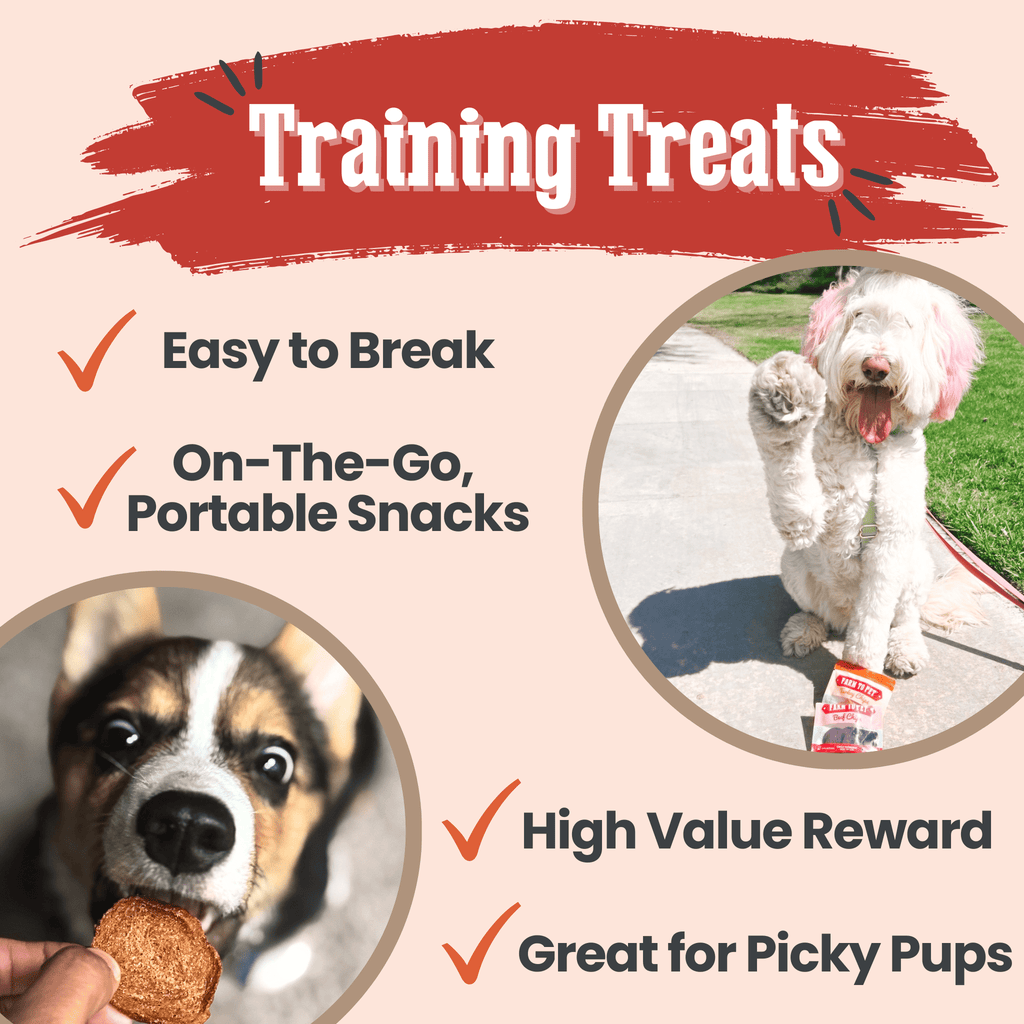 Second training graphic for the beef Puppy Pack, chips that break into bite-size rewards