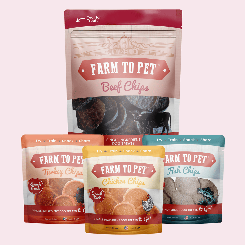 Farm to Pet Puppy Packs 'n Snacks with a 4 oz Beef Chips bag plus chicken, turkey and fish snack packs