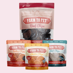 Farm to Pet Puppy Packs 'n Snacks with a 4 oz Beef Chips bag plus chicken, turkey and fish snack packs