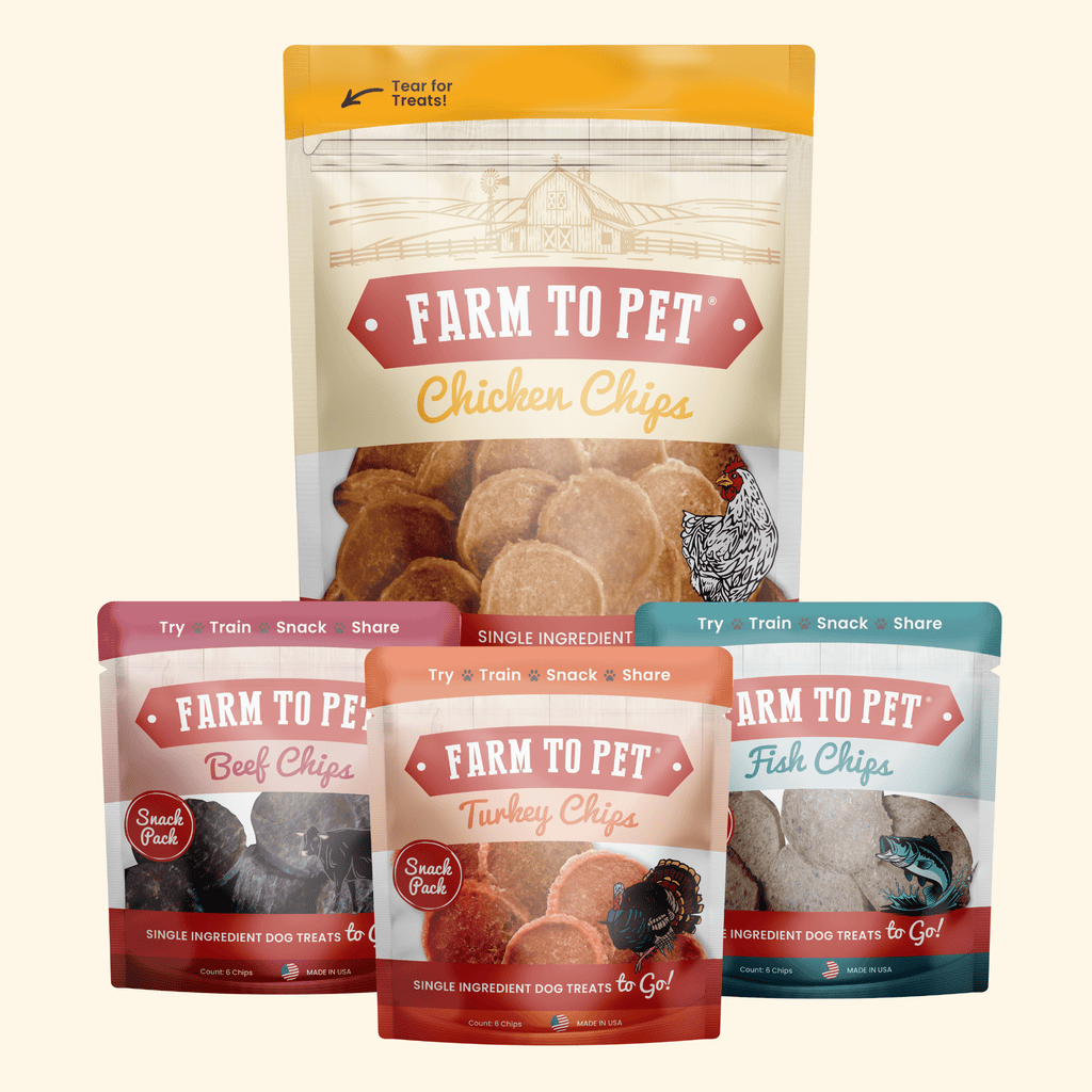 Farm to Pet Puppy Packs 'n Snacks with a 4 oz Chicken Chips bag plus beef, turkey and fish snack packs