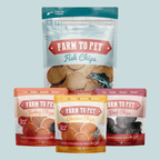 Farm to Pet Puppy Packs 'n Snacks with a 4 oz Fish Chips bag plus beef, turkey and chicken snack packs