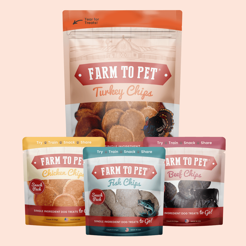 Farm to Pet Puppy Packs 'n Snacks with a 4 oz Turkey Chips bag plus beef, chicken and fish snack packs