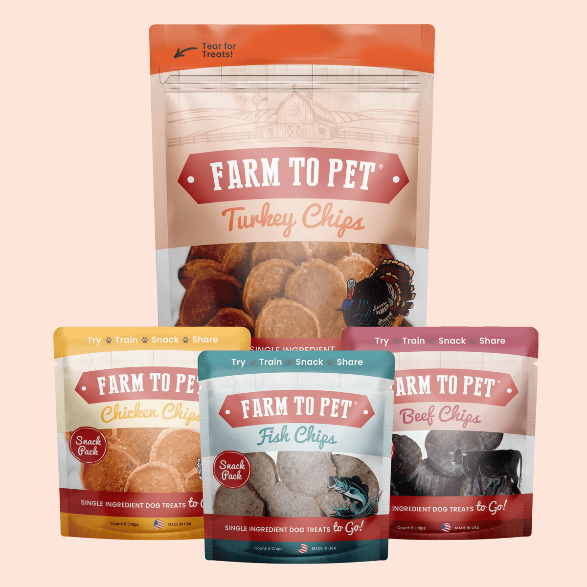 Farm to Pet Puppy Packs 'n Snacks with a 4 oz Turkey Chips bag plus beef, chicken and fish snack packs