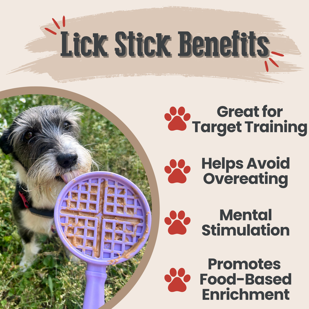 Benefits graphic for the Purple Waffle lick stick, a hand-held enrichment tool for dogs