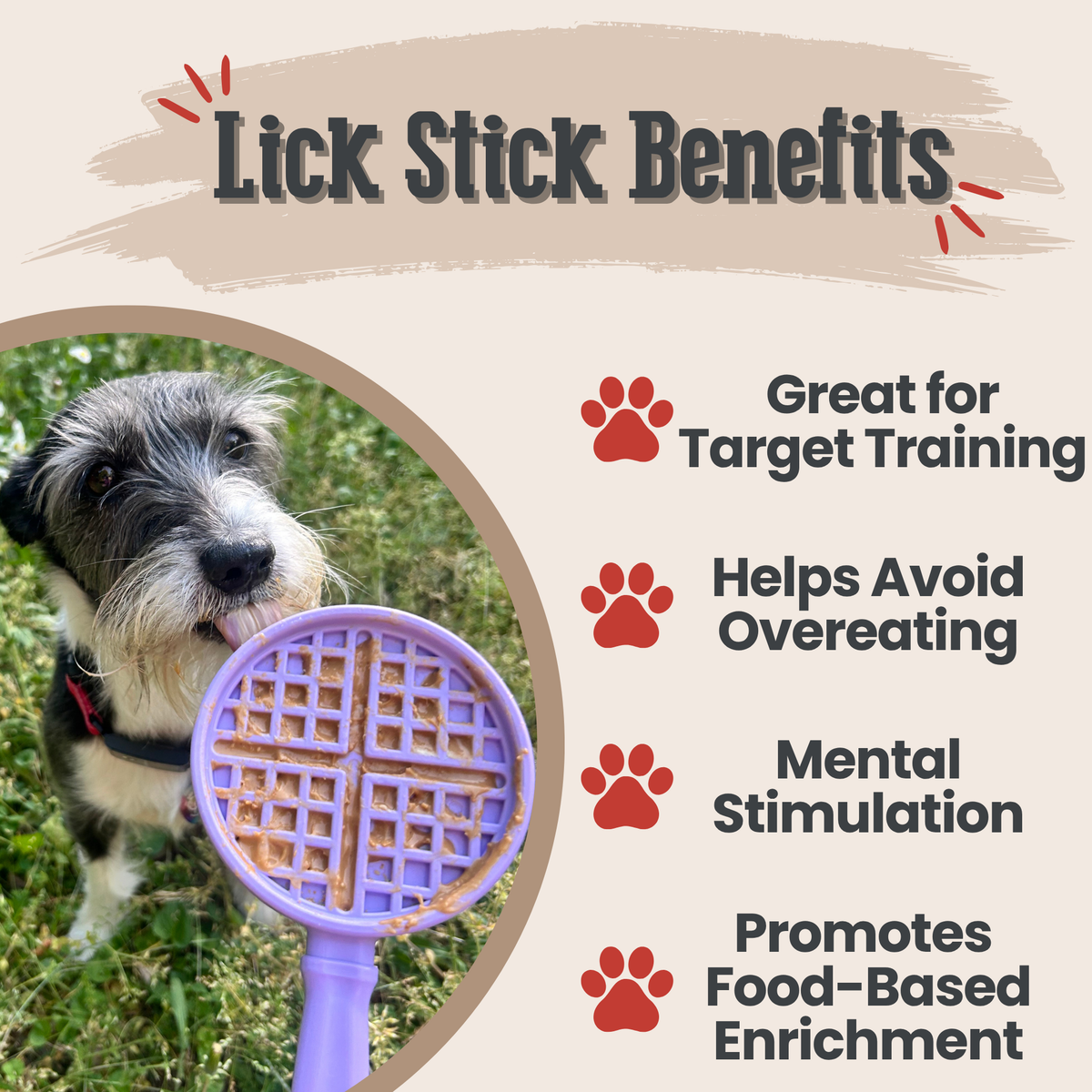 Benefits graphic for the Purple Waffle lick stick, a hand-held enrichment tool for dogs