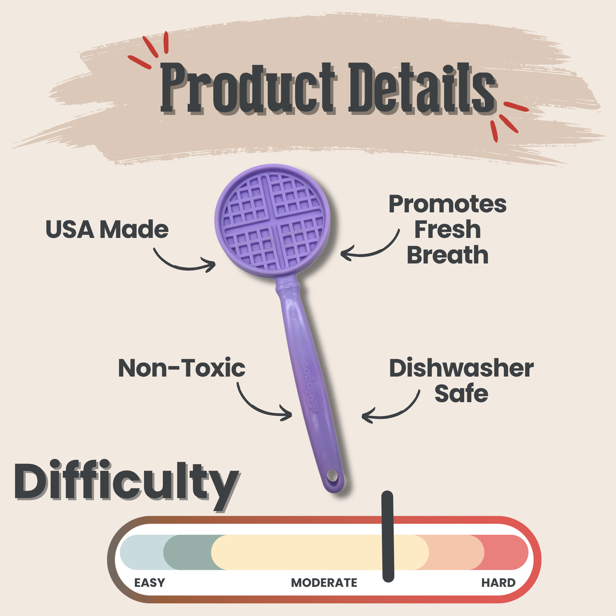 Product details for the Purple Waffle lick stick, made in the USA and freezer safe