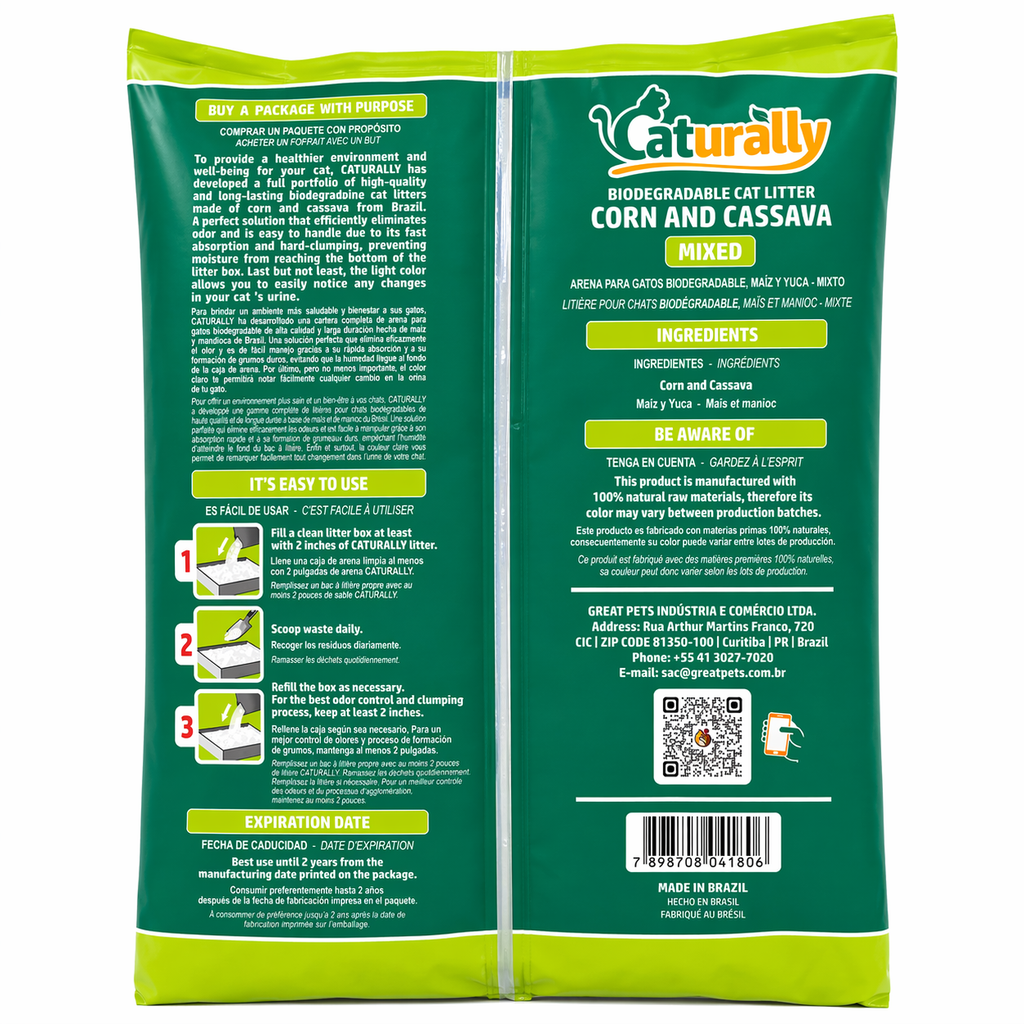 Back view of PurrFriendlyLitter cassava and corn clumping cat litter, 10 lb