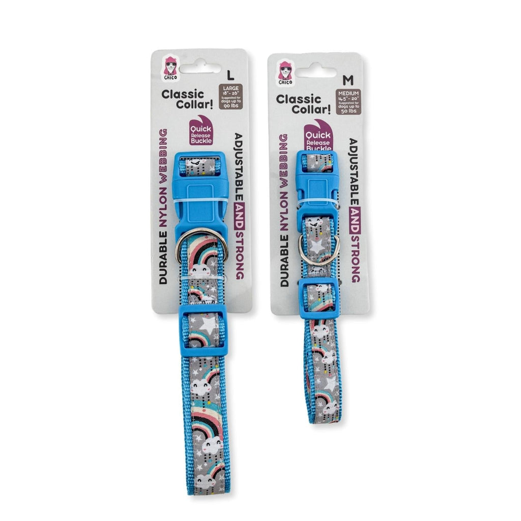 Rainbow ribbon nylon dog collar that fastens with a quick-release buckle for easy on and off