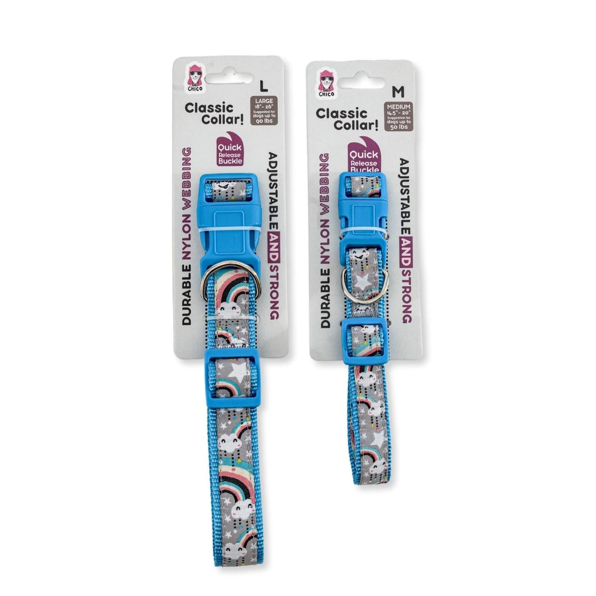 Rainbow ribbon nylon dog collar that fastens with a quick-release buckle for easy on and off