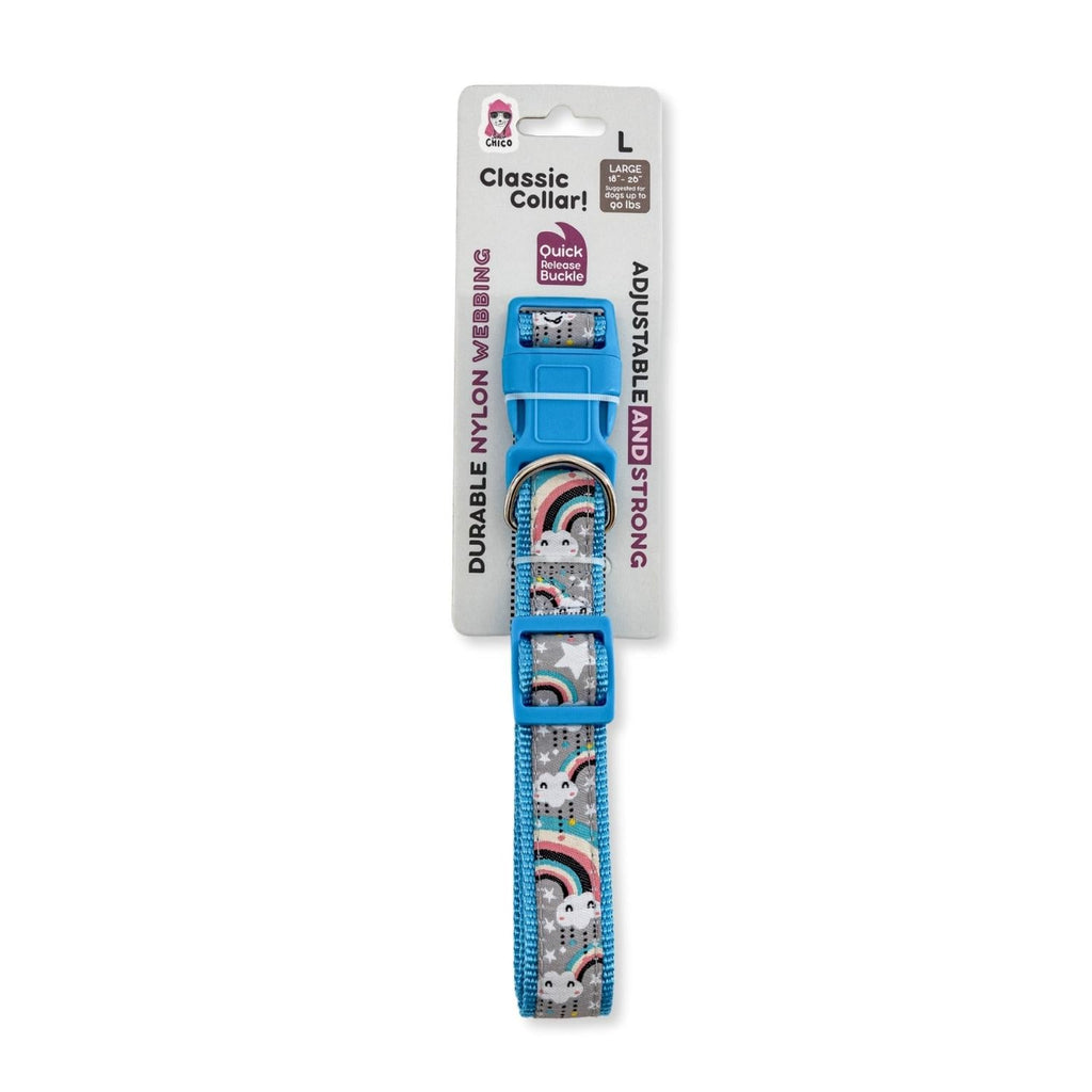 Rainbow ribbon dog collar in size Large, adjusting from 18 to 26 inches around the neck