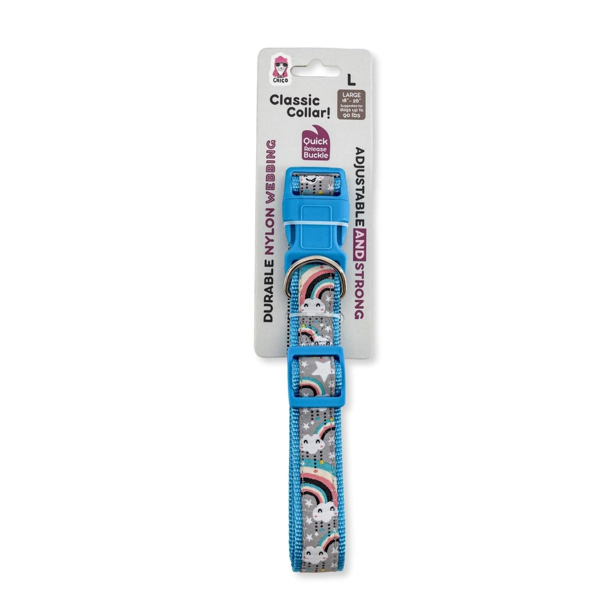 Rainbow ribbon dog collar in size Large, adjusting from 18 to 26 inches around the neck