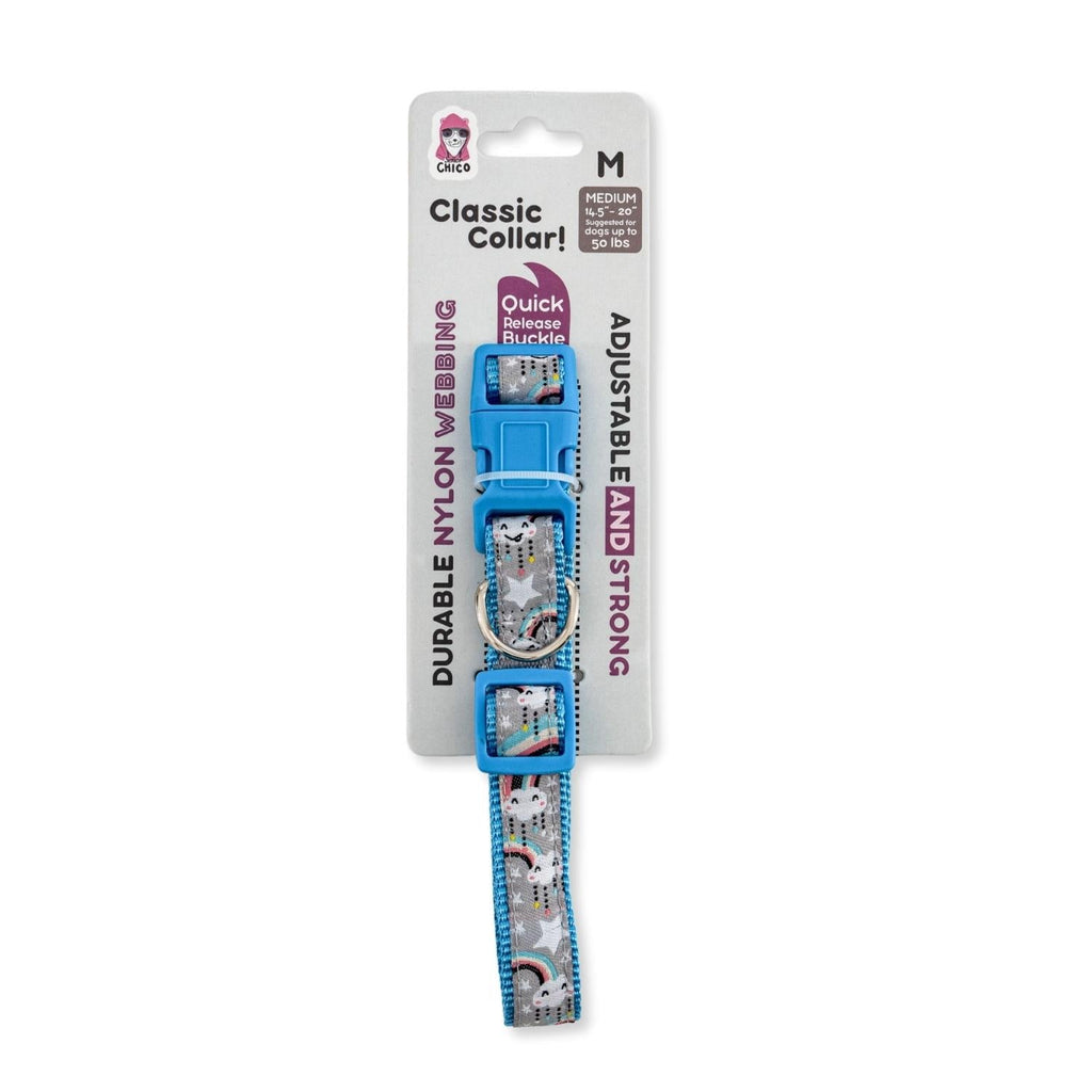 Rainbow ribbon dog collar in size Medium, adjusting from 14.5 to 20 inches around the neck