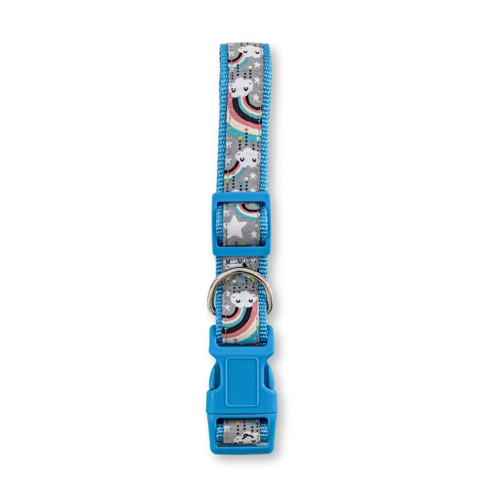 Rainbow ribbon embroidered nylon dog collar with a quick-release buckle and metal fixings