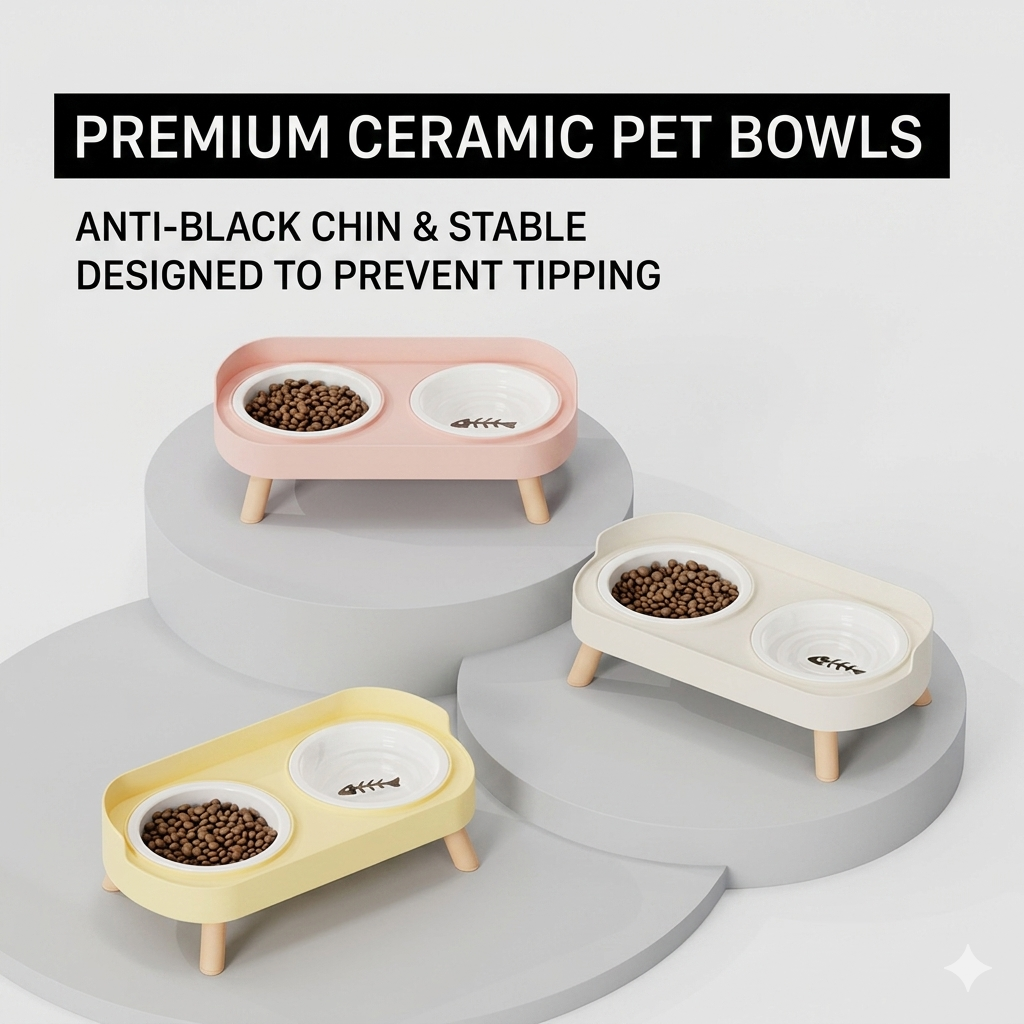 Raised dual pet bowls for multi-pet homes, shipped in an individual color box